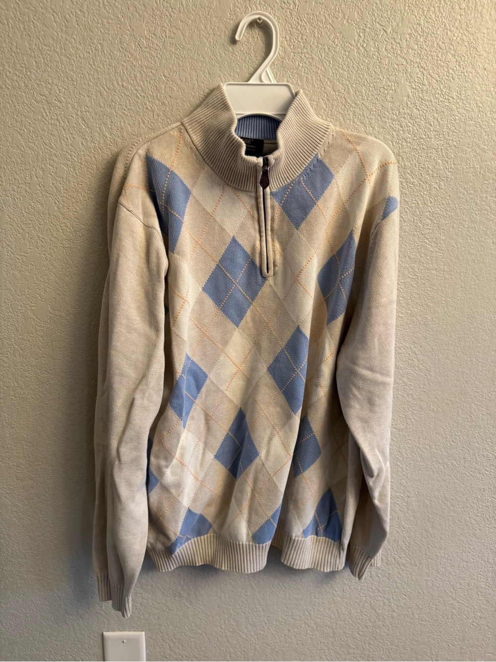 Brooks Brothers 346 Men’s XL Argyle Quarter-Zip Sweater Supima Cotton Tan Blue